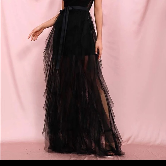 Black belted boho mesh ruffle maxi dress Wedding - Picture 3 of 6